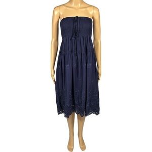 Miko Collection Navy Blue Strapless Smocked Drawstring Floral Embroidery Dress S